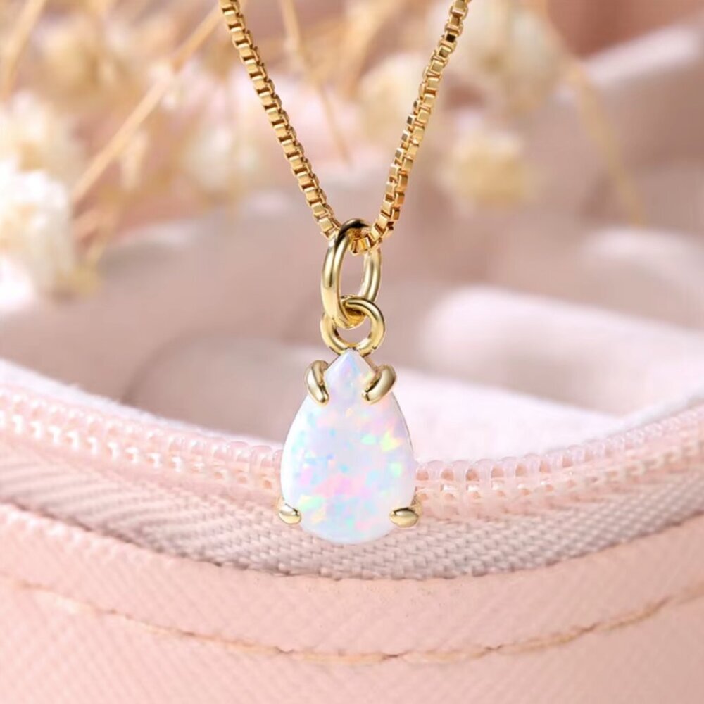 NEW 18k Yellow Gold White Fire Opal Necklace Tear Drop Opal Pendant Necklace
